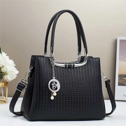 Bolso de Mano de Cuero PU con Relieve para Mujer Moda Macaron Bolso Bandolera Tote Minimalista Con Amuleto de Perla Artificial Estrella Luna de Aleación