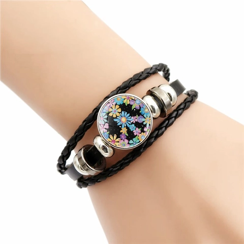 Mehrlagiges Geflochtenes Lederarmband Mit Glaskuppel Friedenssymbol Blumenmuster Verstellbares Armband Unisex