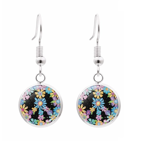 Drop Ohrringe Legierung Glas Friedenszeichen Blumen Schmetterling Muster Rund Cabochon Bohemian Vintage Schmuck Damen