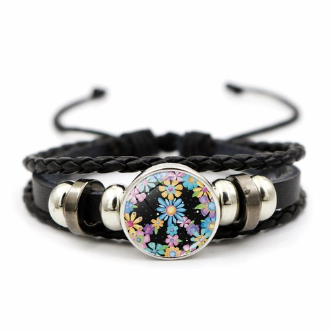 Mehrlagiges Geflochtenes Lederarmband Mit Glaskuppel Friedenssymbol Blumenmuster Verstellbares Armband Unisex