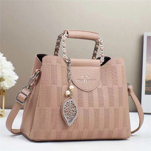 Bolso De Mano De Cuero PU A Cuadros Para Mujer Bolso De Hombro Elegante Con Asa De Cadena Y Colgante De Perla Artificial