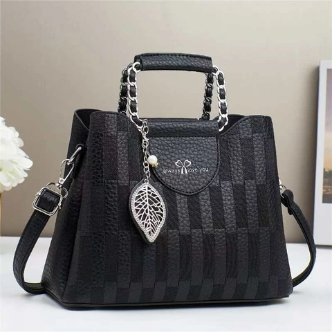 Bolso De Mano De Cuero PU A Cuadros Para Mujer Bolso De Hombro Elegante Con Asa De Cadena Y Colgante De Perla Artificial