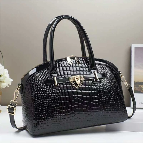 Crocodile Pattern Women Handbag PU Leather Elegant Top Handle Bag With Detachable Shoulder Strap For Daily Commute