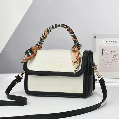 Women Geometric Triangle Embossed PU Leather Shoulder Bag Contrast Color Crossbody Handbag With Scarf Wrap Handle