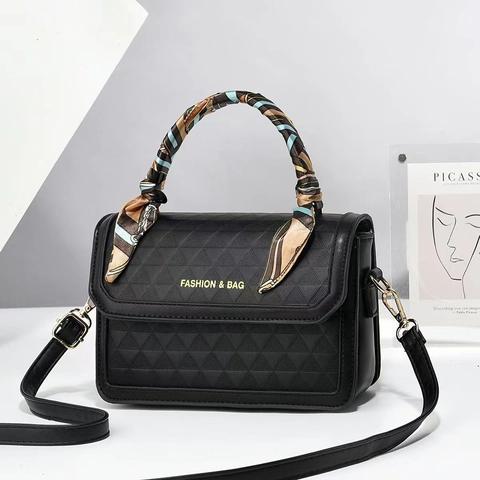 Women Geometric Triangle Embossed PU Leather Shoulder Bag Contrast Color Crossbody Handbag With Scarf Wrap Handle