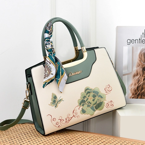 Vintage Damen Handtasche Mit Blumenstickerei PU Leder Henkeltasche Mit Satinnschal Dekor Schultertasche Große Kapazität