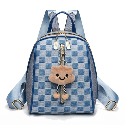 Mini Zaino In Pelle PU Motivo A Scacchi Borsa Da Viaggio Moda Con Ciondolo In Peluche Per Donne Ragazze Leggero Estetico