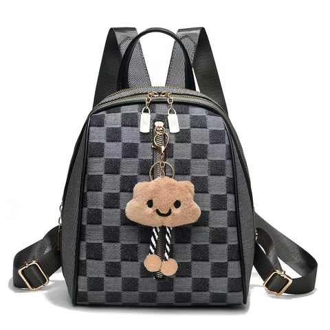Mini Zaino In Pelle PU Motivo A Scacchi Borsa Da Viaggio Moda Con Ciondolo In Peluche Per Donne Ragazze Leggero Estetico