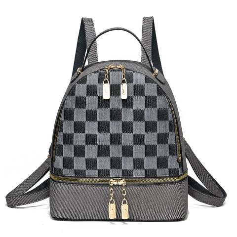 Zaino A Scacchi Da Donna In Pelle PU Multistrato Casual Da Viaggio Daypack Con Cerniera Dorata