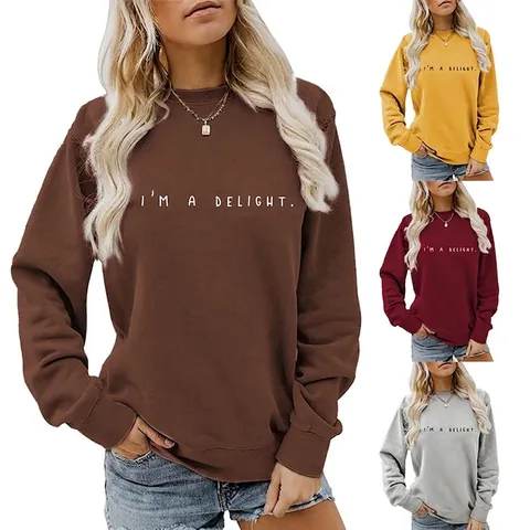 Felpa da Donna a Girocollo a Maniche Lunghe con Stampa di Lettere in Misto Cotone Pullover Casual Largo I'M A DELIGHT