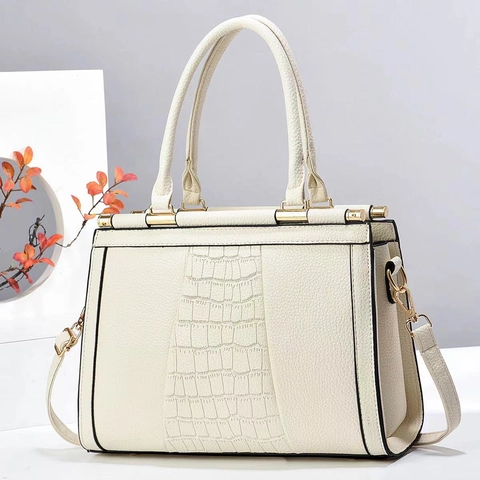 Women Large Capacity PU Leather Handbag Fashion Crocodile Pattern Patchwork Shoulder Bag Commuting Tote Crossbody Bag With Gold Hardware