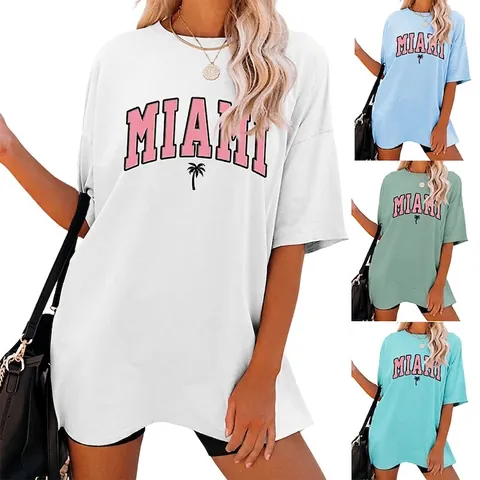 Women's Casual Miami Letter Palm Tree Print T-Shirt Oversized Round Neck Short Sleeve Cotton Blend Mid-Length Summer Top