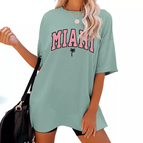 Women's Casual Miami Letter Palm Tree Print T-Shirt Oversized Round Neck Short Sleeve Cotton Blend Mid-Length Summer Top