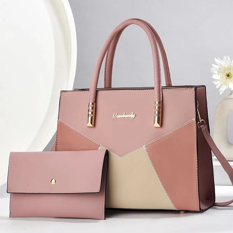 Women Fashion PU Leather Bag Set Color Contrast Splicing Large Capacity Handbag Shoulder Bag And Long Wallet Clutch Mother Bag