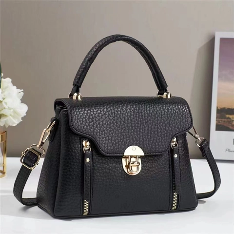 Women Crossbody Shoulder Bag PU Leather Lychee Pattern Small Square Handbag With Golden Metal Lock Multi-Layer Elegant