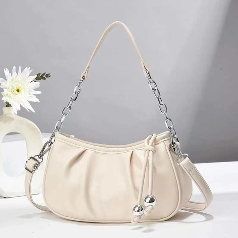 Women Pleated Dumpling Shoulder Bag PU Leather Elegant Cloud Style Handbag With Silver Chain And Metal Ball Charms