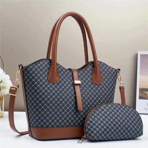 PU Leather Tote Bag And Small Pouch Set Geometric Pattern Large Capacity Shoulder Handbag For Women
