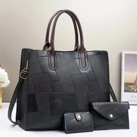 Bolso Tote de Hombro Y Bolso de Mano Con Cartera Conjunto Patrón de Piedra Cuero PU Moda Urbano Minimalista