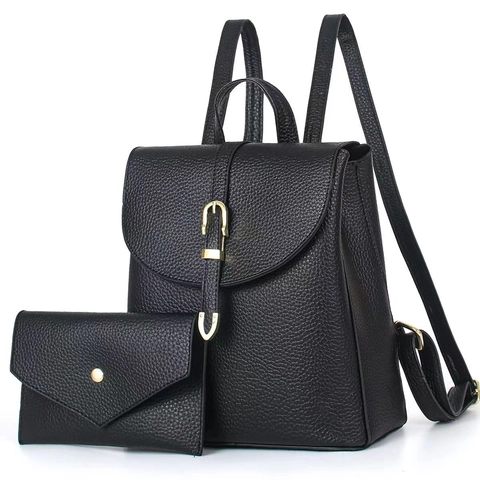 Women Lychee Pattern PU Leather Backpack And Small Pouch Casual Urban Macaron Color Shoulder Bag Ladies Travel Bag