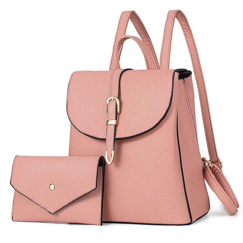 Women Lychee Pattern PU Leather Backpack And Small Pouch Casual Urban Macaron Color Shoulder Bag Ladies Travel Bag