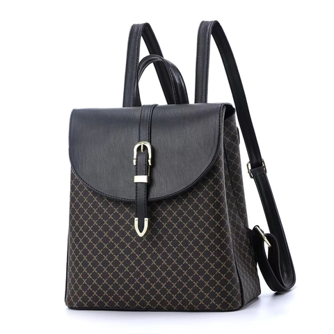 Women Backpack PU Leather Color Block Rhombus Pattern Flap Buckle Large Capacity Casual Travel Urban Simple Vintage Fashion