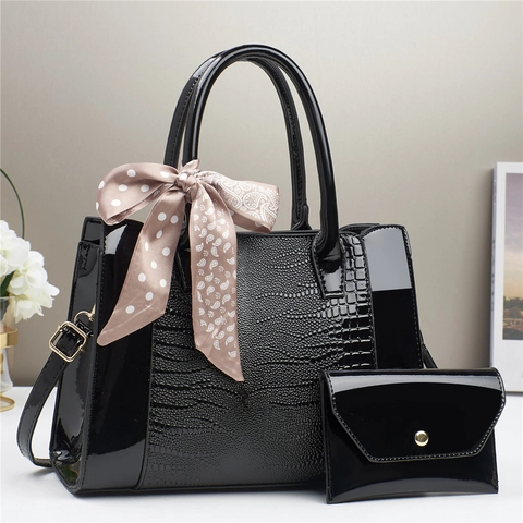 Γυναικεία Τσάντα Χειρός Και Φάκελος Clutch PU Δέρμα Λουστρίνι Μοτίβο Κροκόδειλος Με Μεταξωτό Μαντήλι Τσάντα Ώμου Κομψή