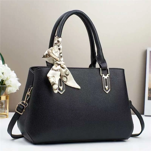 Sac À Main Femmes Cuir PU Motif Lychee Grande Capacité Décor Foulard Satin Sac Bandoulière Simple Élégant Dame Fourre-Tout