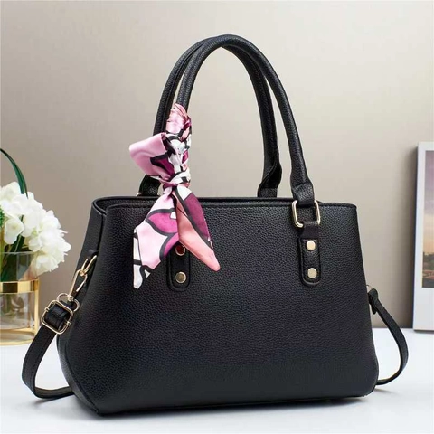Women PU Leather Handbag Lychee Pattern Large Capacity Macaron Color Top Handle Tote Bag With Satin Scarf Decor Shoulder Bag