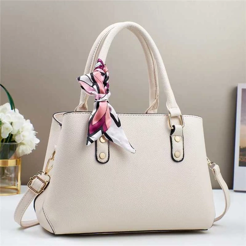 Women PU Leather Handbag Lychee Pattern Large Capacity Macaron Color Top Handle Tote Bag With Satin Scarf Decor Shoulder Bag