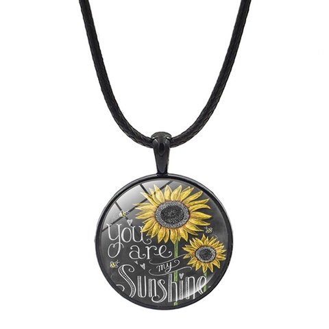 Collier Tournesol You Are My Sunshine Citation Pendentif Cabochon Verre Rond Alliage Zinc Cordon Cuir Rétro Bijoux Mode Cadeau Homme Femme