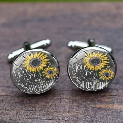 Gemelli Da Uomo Tondi Lega Vetro Cabochon You Are My Sunshine Girasole Ape Motivo Per Camicia Francese
