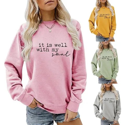 Women's Casual Crew Neck Long Sleeve Sweatshirt Soul Letter Print Loose Fit Cotton Blend Pullover Top Fleece Sweatshirt