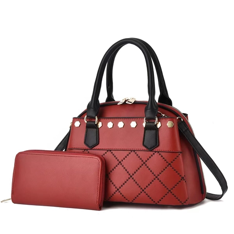 Women Handbag And Wallet PU Leather Diamond Quilt Hexagonal Rivets Vintage Fashion Large Capacity Tote Shoulder Bag