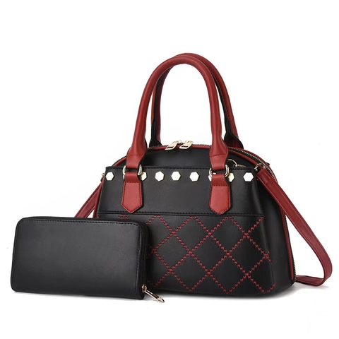 Women Handbag And Wallet PU Leather Diamond Quilt Hexagonal Rivets Vintage Fashion Large Capacity Tote Shoulder Bag
