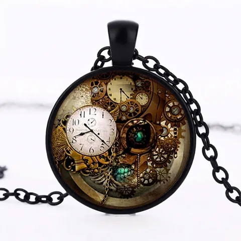 Collier Horloge Steampunk Vintage Pendentif Rond en Verre avec Engrenages Rétro Alliage de Zinc Bijoux pour Hommes et Femmes