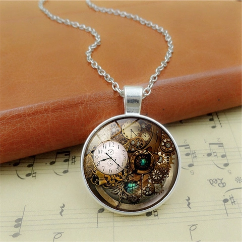 Collier Horloge Steampunk Vintage Pendentif Rond en Verre avec Engrenages Rétro Alliage de Zinc Bijoux pour Hommes et Femmes