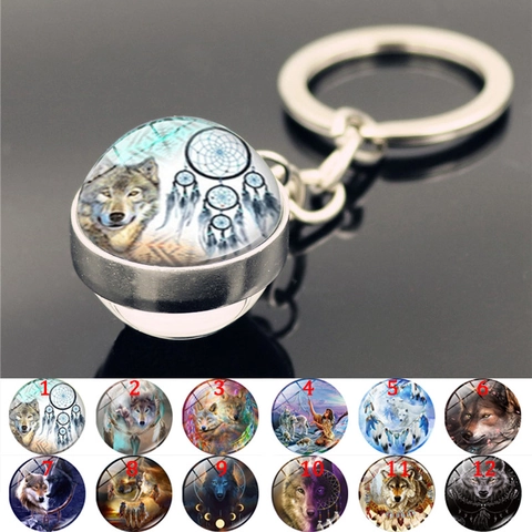 Wolf Totem Dreamcatcher Keychain Double Sided Glass Ball Pendant Zinc Alloy Key Ring Ethnic Style Bag Ornament