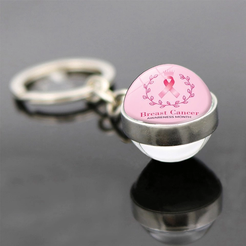 Porte-clés Ruban Rose de Sensibilisation au Cancer du Sein en Alliage de Zinc Argent Pendentif Boule de Verre Double Face Cadeau Femme
