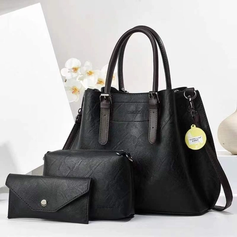 Women Vintage PU Leather Large Capacity Tote Handbag With Pouch And Wallet Elegant Litchi Pattern Shoulder Crossbody Bag