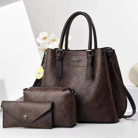 Women Vintage PU Leather Large Capacity Tote Handbag With Pouch And Wallet Elegant Litchi Pattern Shoulder Crossbody Bag