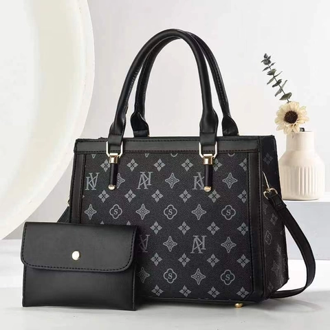 Sac À Main Et Portefeuille Pour Femmes Imprimé Monogramme Vintage Cuir PU Sac Cabas Bandoulière Élégant