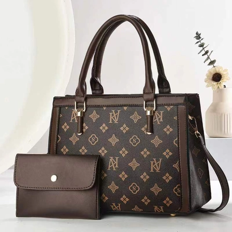 Sac À Main Et Portefeuille Pour Femmes Imprimé Monogramme Vintage Cuir PU Sac Cabas Bandoulière Élégant