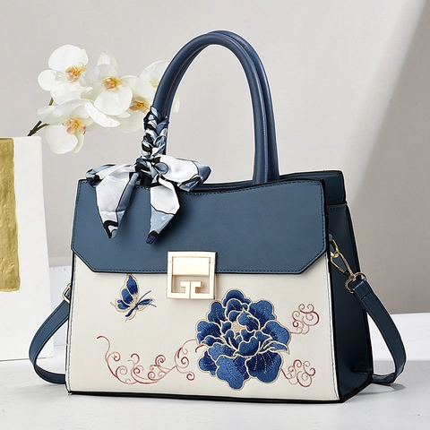 Elegante Bolso de Mano de Cuero PU Con Bordado Floral y Pañuelo Color en Contraste Gran Capacidad Bolso de Cubo de Hombro Para Mujer