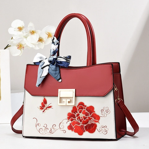 Elegante Bolso de Mano de Cuero PU Con Bordado Floral y Pañuelo Color en Contraste Gran Capacidad Bolso de Cubo de Hombro Para Mujer