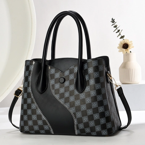 Borsa a Mano Donna Patchwork a Scacchiera in Pelle PU Grande Capacità Borsa a Spalla Con Tracolla Rimovibile Tote Plaid Retrò Per Pendolarismo Quotidiano