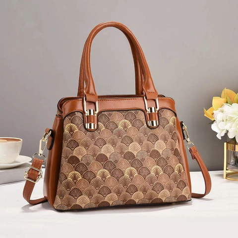 Borsa a Mano da Donna Vintage con Motivo a Ventaglio in Pelle PU e Tessuto Patchwork Tracolla con Cinturino Rimovibile Hardware Dorato Borsa a Secchiello per Ufficio Quotidiano Elegante