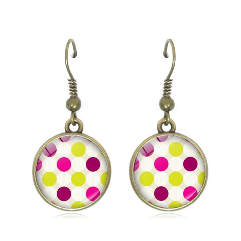 Vintage Alloy Bronze Round Glass Cabochon Polka Dot Dangle Earrings Bohemian Striped Drop Earrings For Women Daily Jewelry