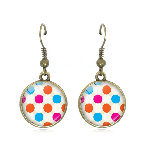 Vintage Alloy Bronze Round Glass Cabochon Polka Dot Dangle Earrings Bohemian Striped Drop Earrings For Women Daily Jewelry