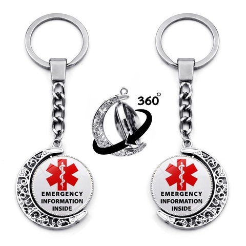 Zinc Alloy Medical Alert Keychain Rotating Crescent Moon Pendant Diabetic Type 1 Type 2 Emergency ID Jewelry For Men Women
