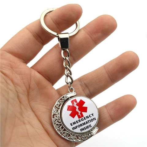 Zinc Alloy Medical Alert Keychain Rotating Crescent Moon Pendant Diabetic Type 1 Type 2 Emergency ID Jewelry For Men Women